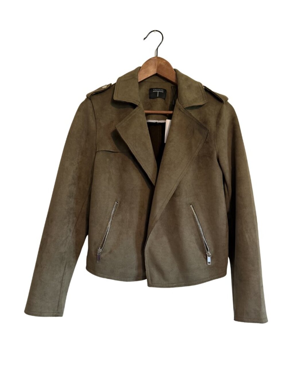 Tahari Faux Suede Moto Jacket Small Olive Green Cropped Biker NWT - Picture 2 of 5